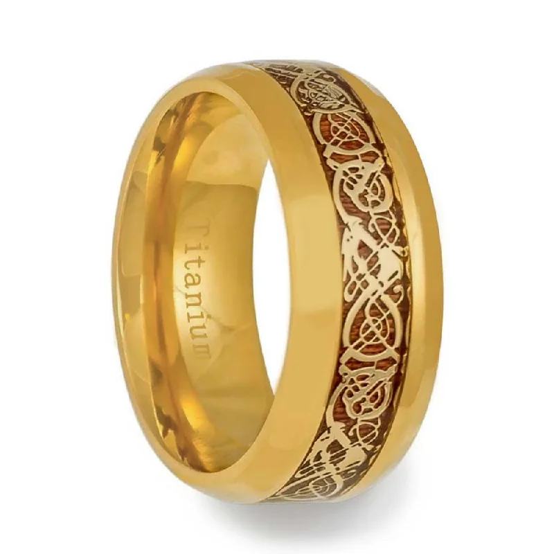 Women’s oval-shaped diamond rings-Celtic Dragon & Wood Inlaid Yellow Gold Men's Titanium Ring