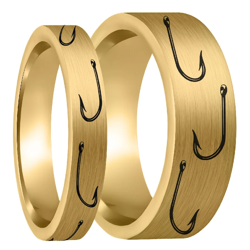 Women’s zirconia rings-Fishing Hook Brushed Gold Tungsten Couple's Matching Wedding Band Set