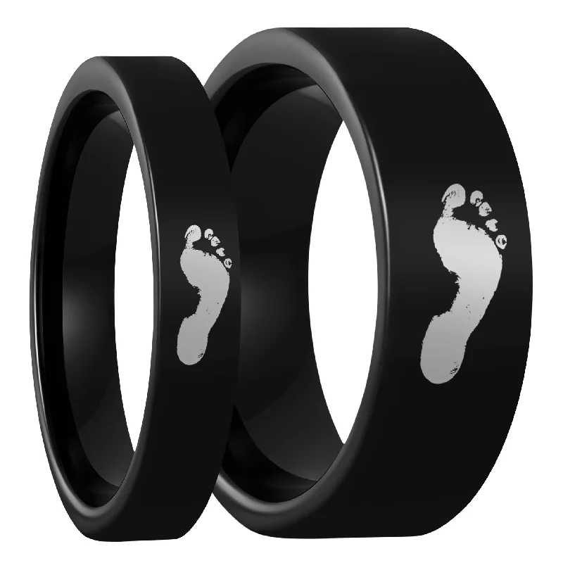 Women’s cocktail rings-Custom Footprint Black Tungsten Couple's Matching Ring Set