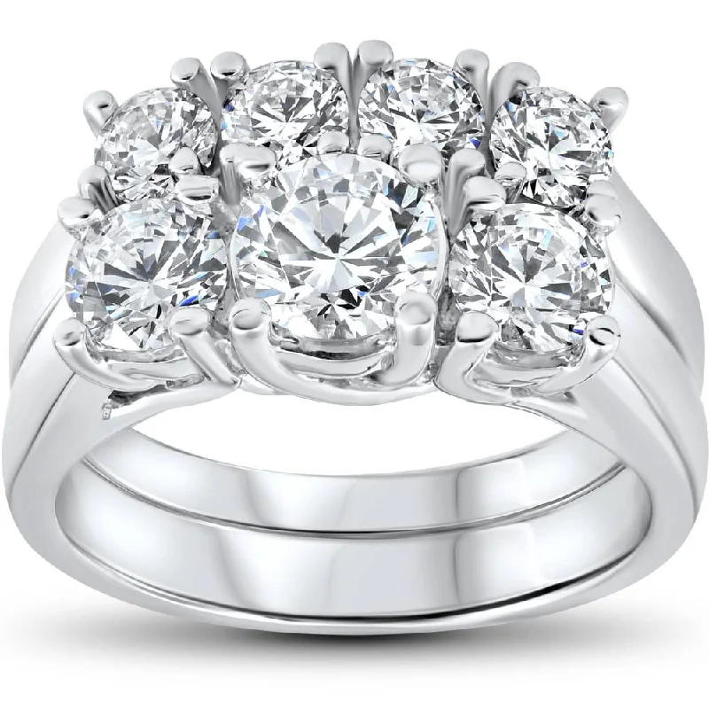 Women’s hidden halo engagement rings-3 ct Diamond Engagement Wedding Ring Set 3-Stone Matching Band 14k White Gold