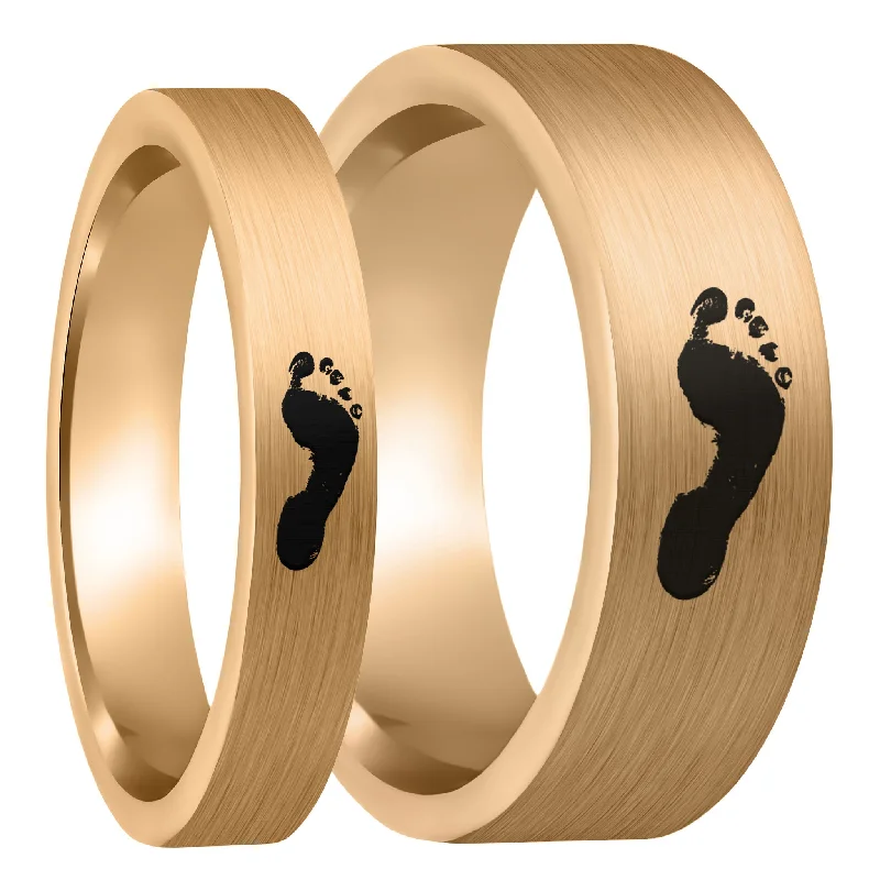 Women’s elegant statement rings-Custom Footprint Brushed Rose Gold Tungsten Couple's Matching Ring Set