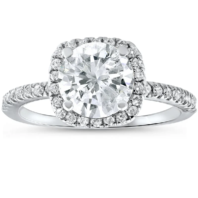 Women’s platinum engagement rings-2 1/2 cttw Diamond Engagement Ring Cushion Halo Round Cut 14k White Gold