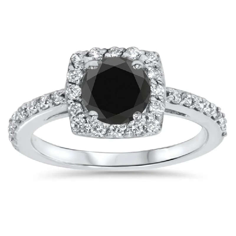 Women’s wide-band engagement rings-1 3/8ct Diamond & Black Engagement Ring 14K White Gold