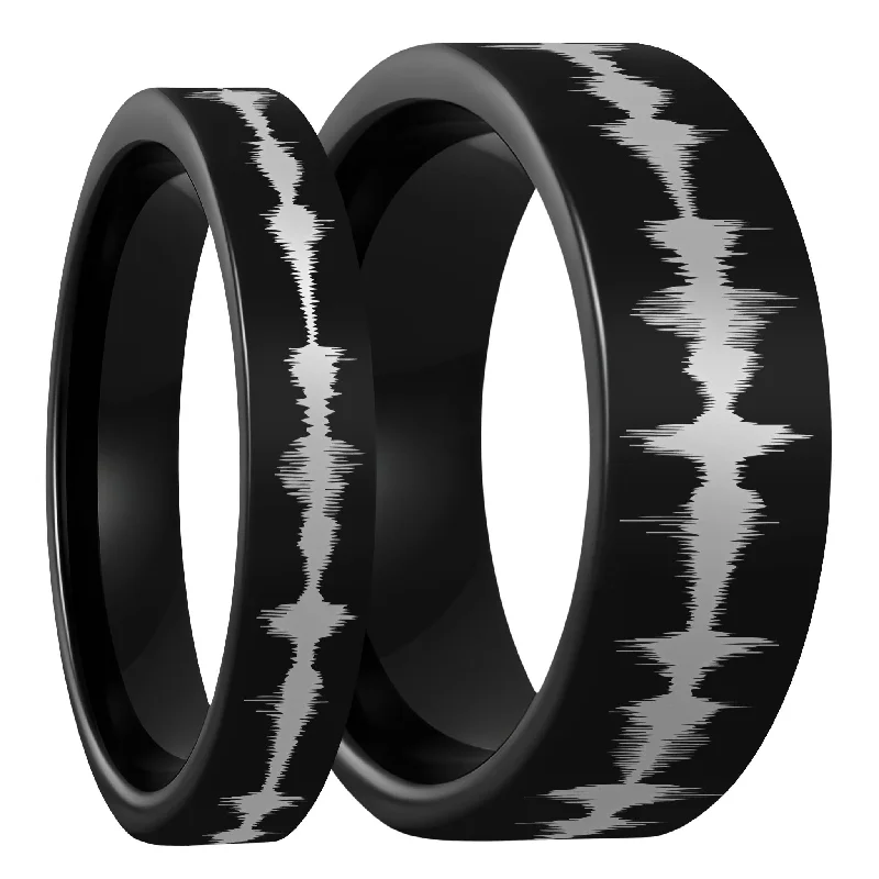 Women’s rings with diamonds-Custom Soundwave Black Tungsten Couple's Matching Ring Set