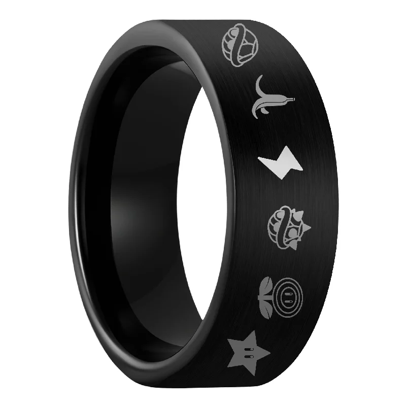 Designer rings for women-Mario Kart Items Brushed Black Tungsten Men's Wedding Band