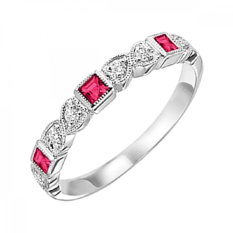 Women’s double-band engagement rings-10k White Gold Diamond adn Ruby Ring