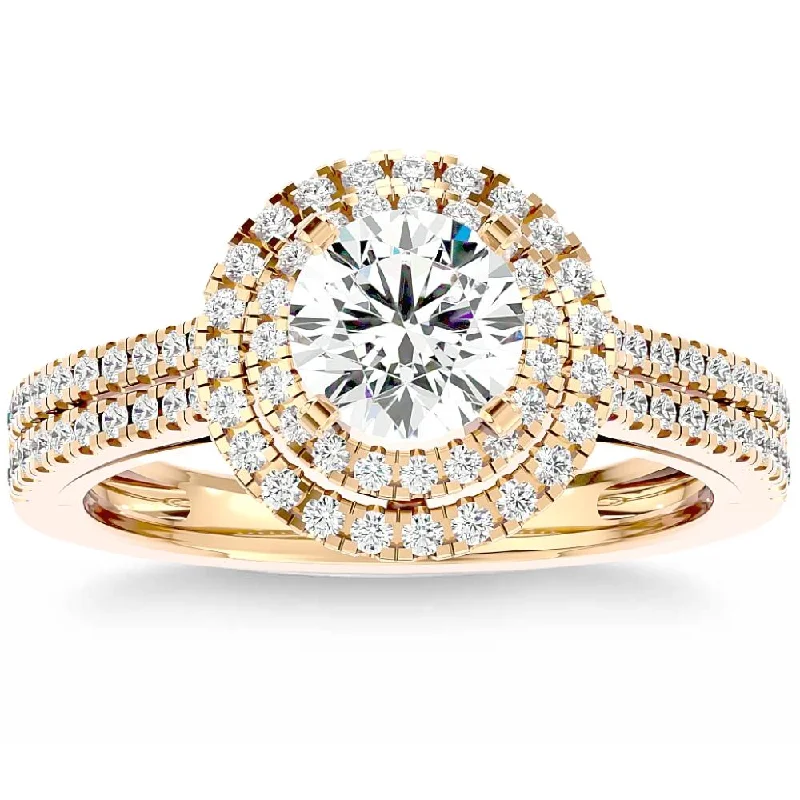 Women’s vintage rose gold engagement rings-1 1/2Ct Moissanite & Diamond Double Halo Engagement Ring White Yellow Rose Gold