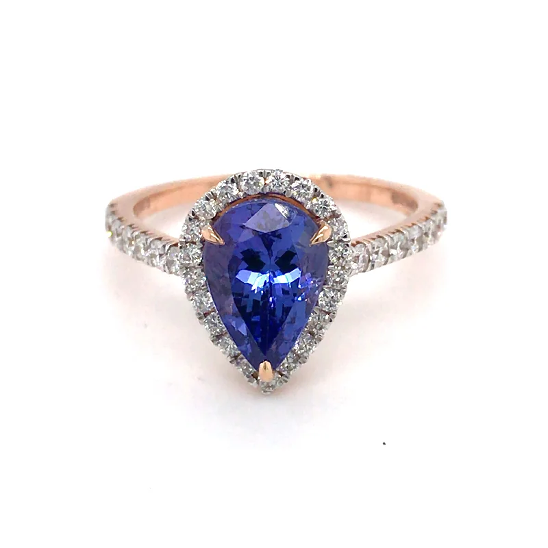 Women’s intricate engagement rings-14k Rose Gold 2.07ct Pear Tanzanite and Diamond Halo Ring