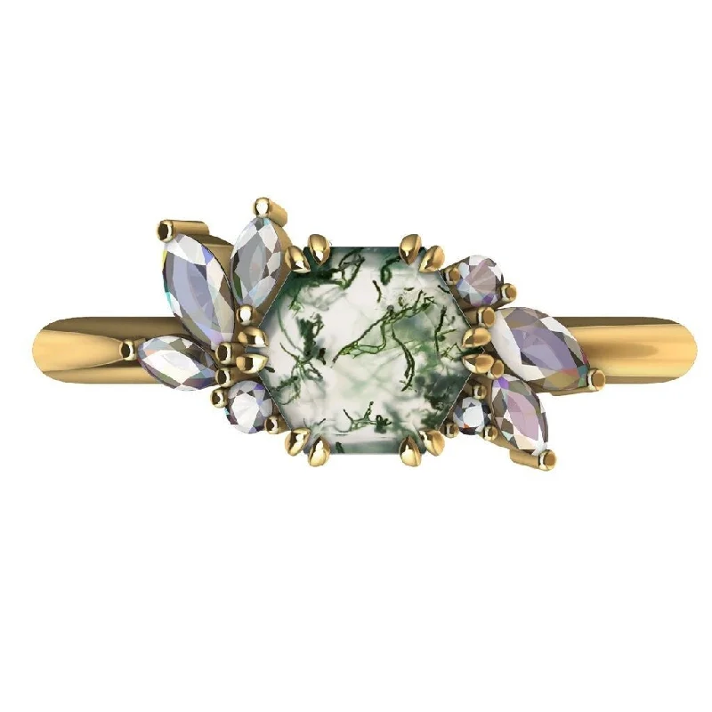 Women’s engraved engagement rings-Addison Hexagon Moss Agate Ring with Diamond Clusters