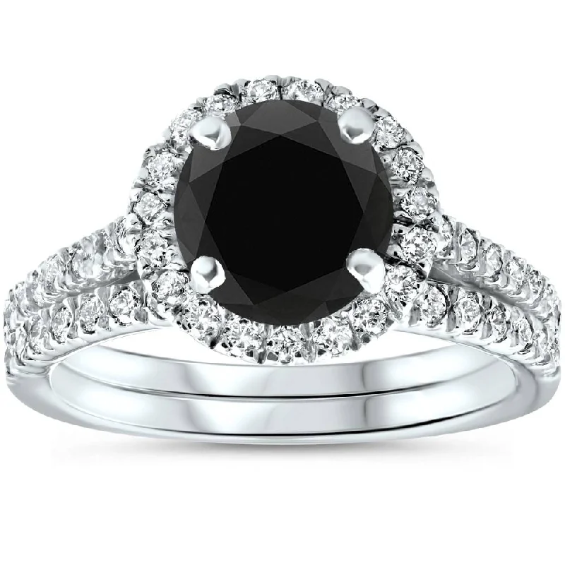 Women’s antique style engagement rings-2 1/2 Ct Treated Black Diamond Halo Engagement Wedding Ring Set 14K White Gold