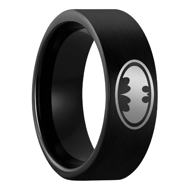 Personalized rings for women-Batman Brushed Black Tungsten Men's Wedding Band