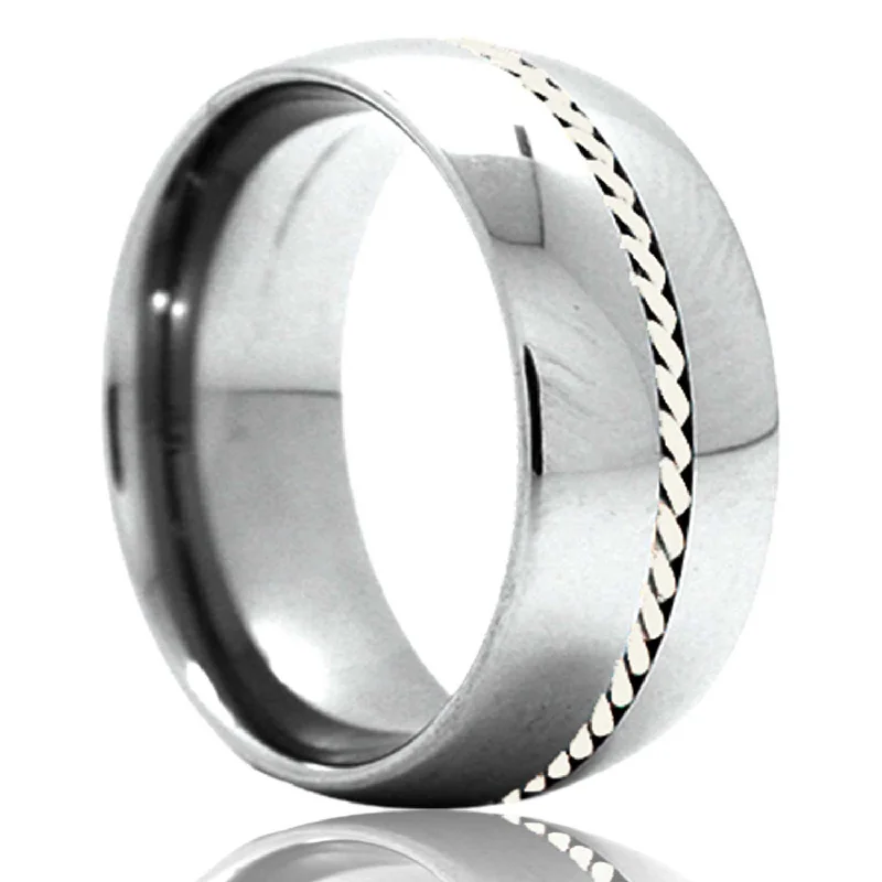 Women’s halo diamond rings-Woven Platinum Inlay Domed Tungsten Wedding Band