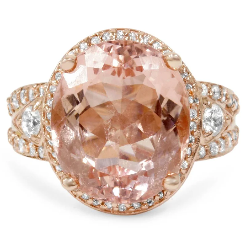 Women’s custom-designed engagement rings-9ct Morganite & Diamond Engagement Ring 14K Rose Gold Halo Split Shank