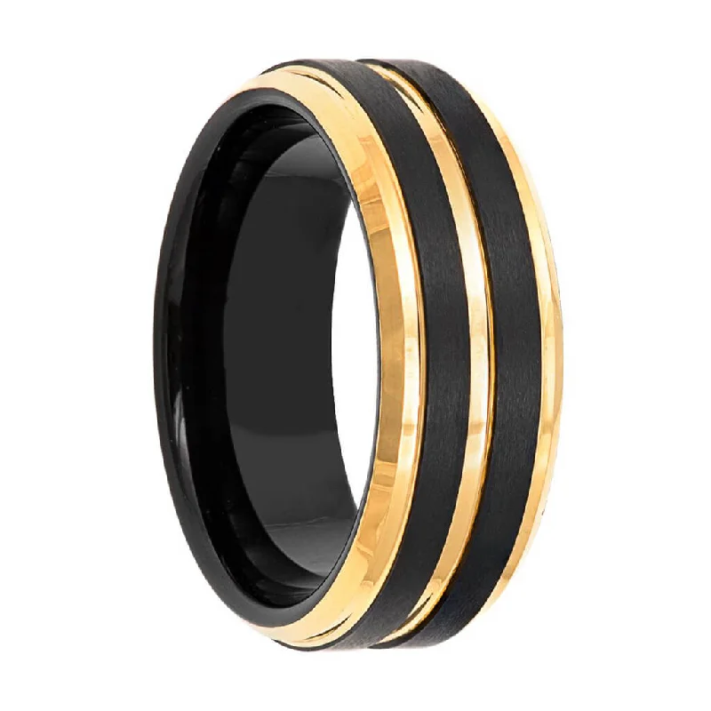 Women’s diamond accent rings-Gold Grooved Black Tungsten Men's Wedding Band