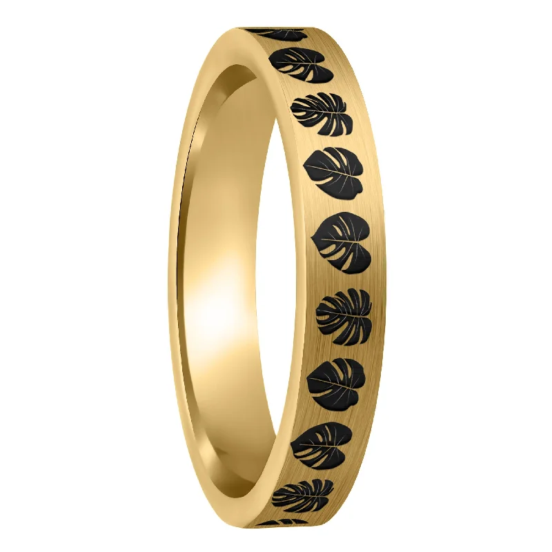 Women’s engraved wedding rings-Monsterra Leaves Brushed Gold Tungsten Women's Wedding Band