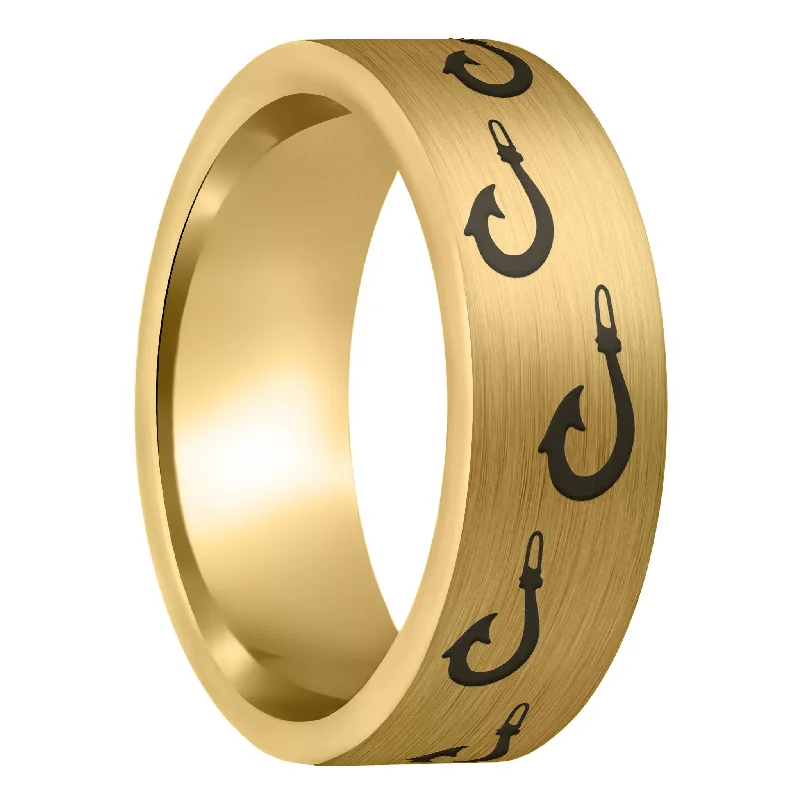 Women’s stackable silver rings-Polynesian Fishing Hook Brushed Gold Tungsten Men's Wedding Band