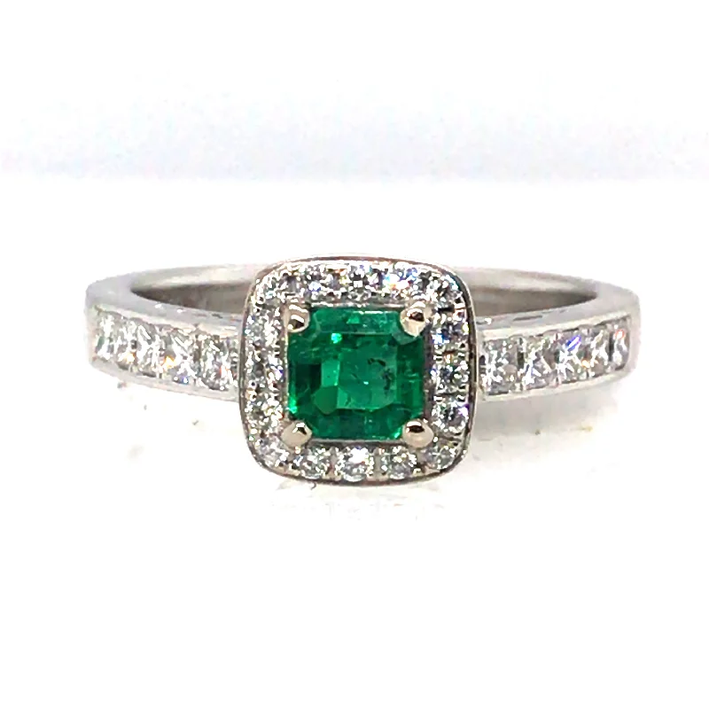 Women’s cushion-cut diamond engagement rings-18k White Gold Cushion Emerald and Diamond Halo Ring