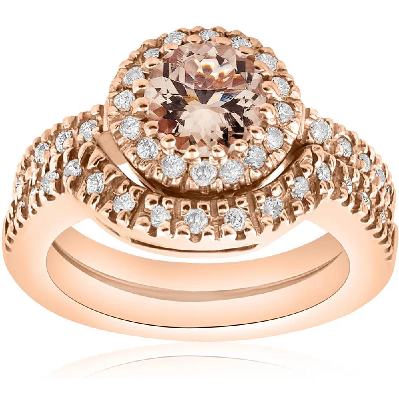 Women’s vintage diamond engagement rings-1 3/8 Ct Morganite & Diamond Engagement Ring Set 14K Rose Gold