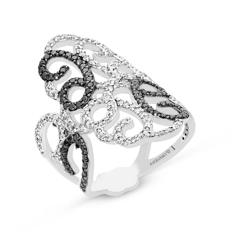 Women’s vintage-inspired gemstone engagement rings-White and Black Diamond Elongated Filigree Ring