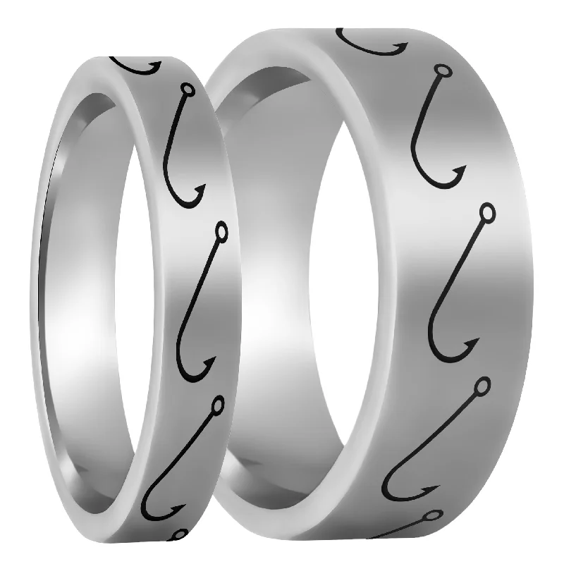 Elegant rings for women-Simple Fishing Hook Tungsten Couple's Matching Wedding Band Set