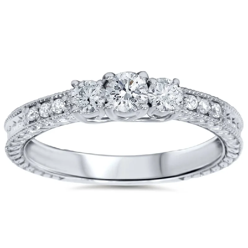 Women’s pave engagement rings-1/2ct Vintage Three Stone Round Diamond Engagement Ring 14K White Gold