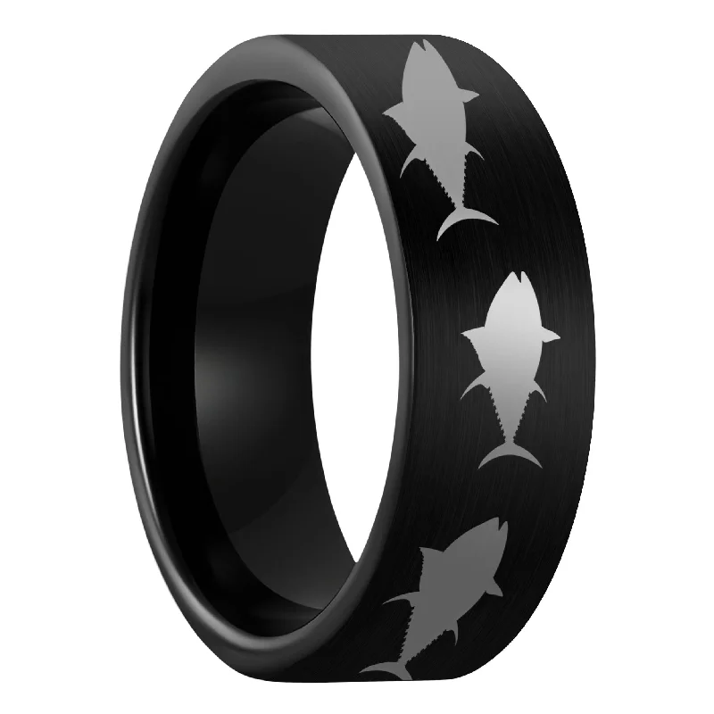 Women’s statement gemstone rings-Yellowfin Tuna Fish Brushed Black Tungsten Men's Wedding Band