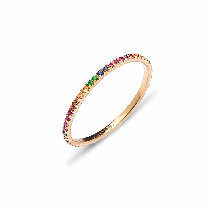 Women’s wedding band engagement rings-Rainbow 14K Gold, multi-color sapphire and Diamond Eternity Stacking Rings