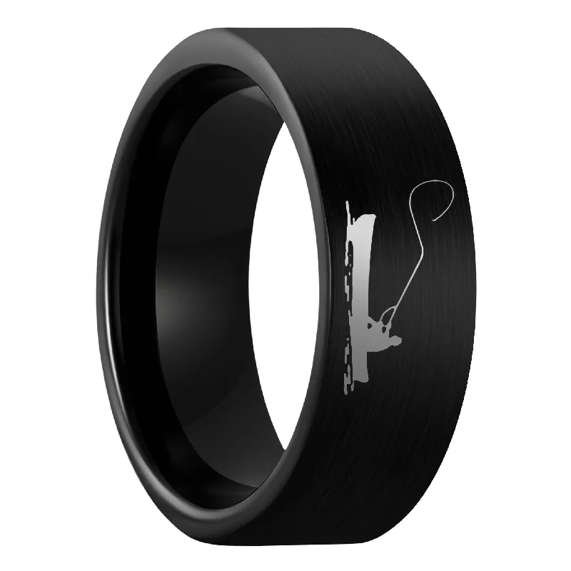 Women’s wedding rings with rubies-Fisherman Boat Scene Brushed Black Tungsten Men's Wedding Band