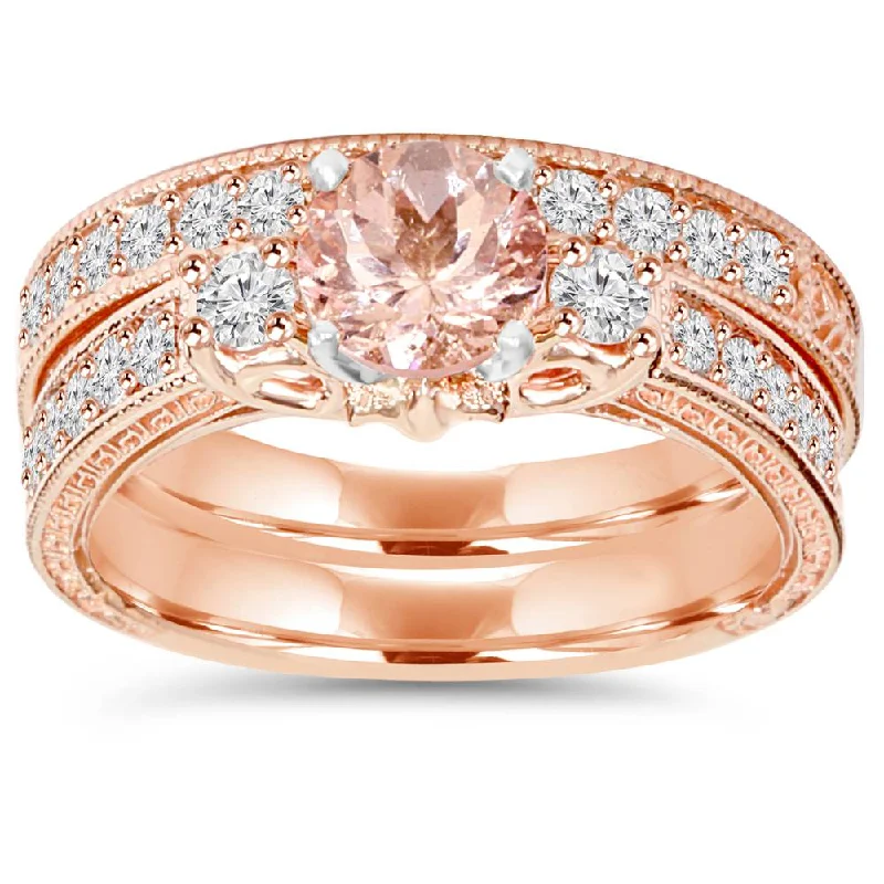 Women’s forever engagement rings-1 1/2CT Vintage Diamond & Morganite Engagement Wedding Ring Set 14K Rose Gold