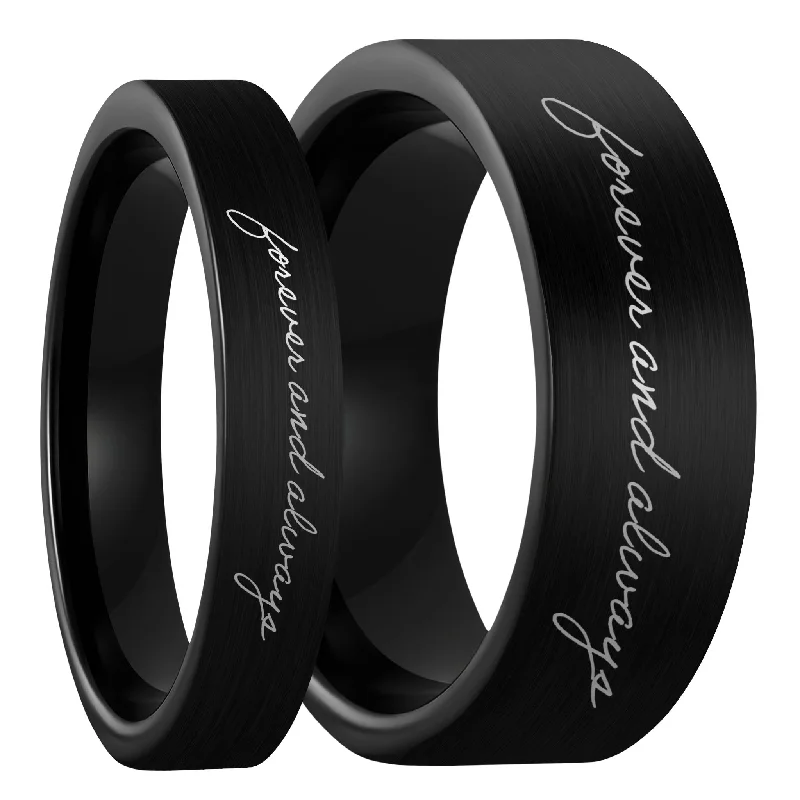 Women’s wedding rings with pearls-Custom Handwriting Brushed Black Tungsten Couple's Matching Ring Set