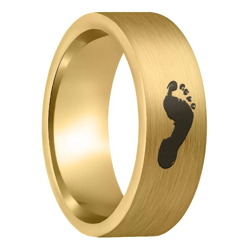 Women’s wedding rings with pearls-Custom Footprint Brushed Gold Tungsten Men's Ring