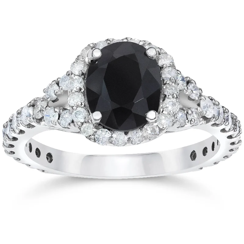 Women’s ethically sourced engagement rings-2 ct Black Sapphire & Diamond Cushion Halo Engagement Ring 14K White Gold