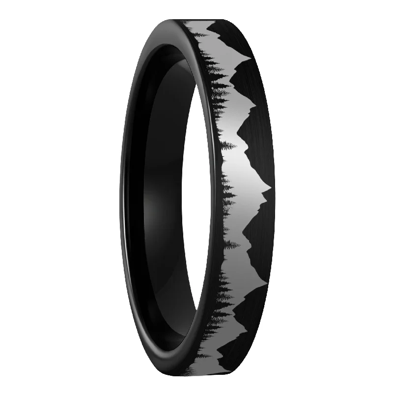 Women’s platinum rings-Treeline Mountains Brushed Black Tungsten Women's Wedding Band