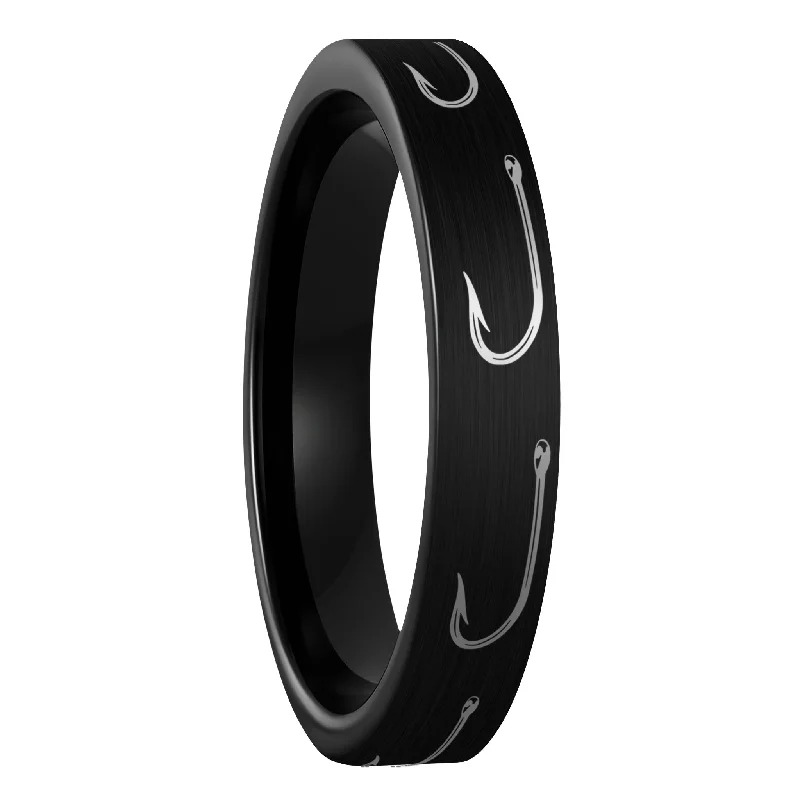 Women’s adjustable rings-Fishing Hook Brushed Black Tungsten Women's Wedding Band