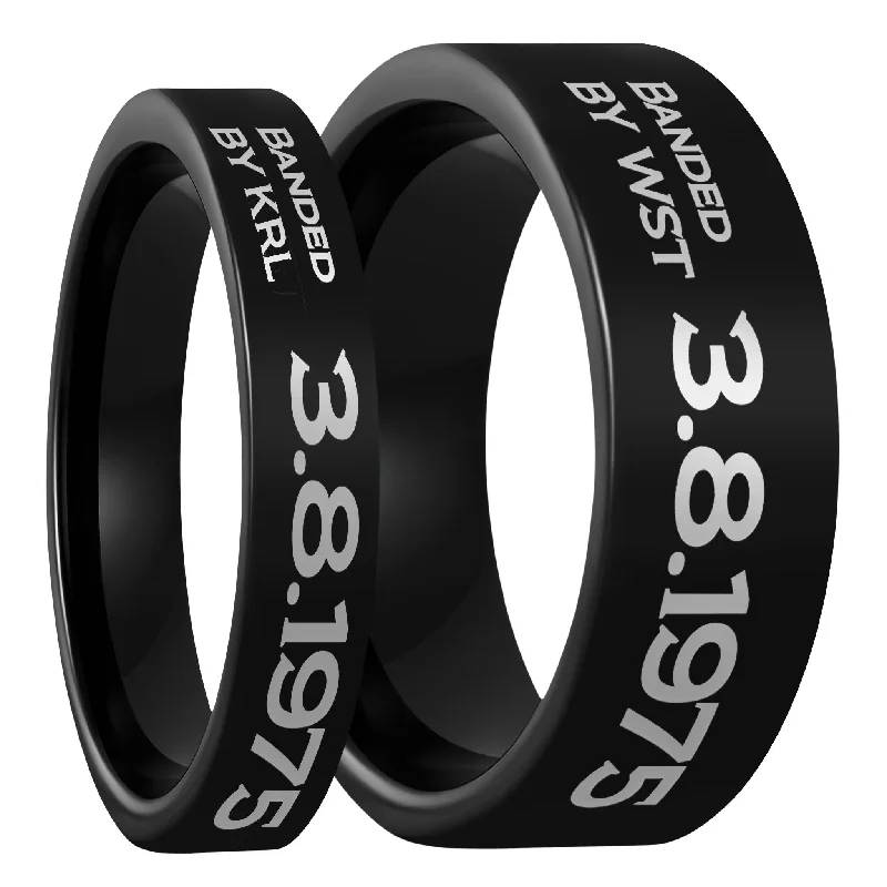 Women’s antique-style rings-Duck Band Style Custom Engraved Black Tungsten Couple's Matching Ring Set