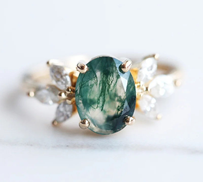 Women’s platinum diamond engagement rings-Olly Oval Moss Agate Ring with Diamond Accents