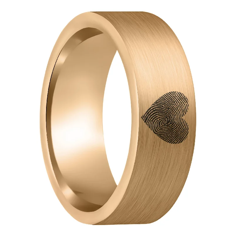 Women’s opal rings-Custom Heart Fingerprint Brushed Rose Gold Tungsten Men's Ring