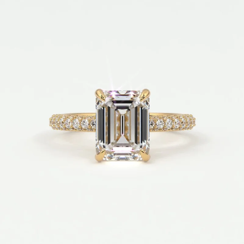 Women’s solitaire engagement rings-Emerald Cut Pave Diamond Hidden Halo Triple Row Band