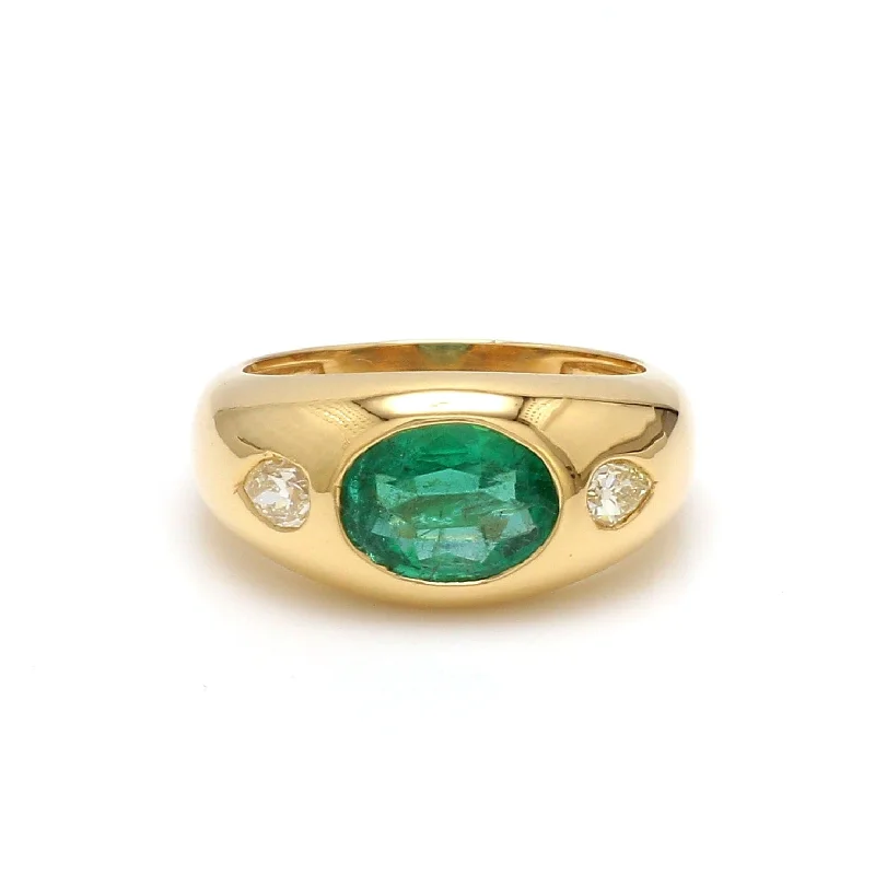 Women’s vintage diamond engagement rings-14K & 18K Gold Oval Emerald & Diamond Dome Ring