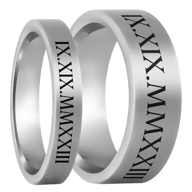 Women’s statement rings-Roman Numeral Date Tungsten Couple's Matching Wedding Band Set