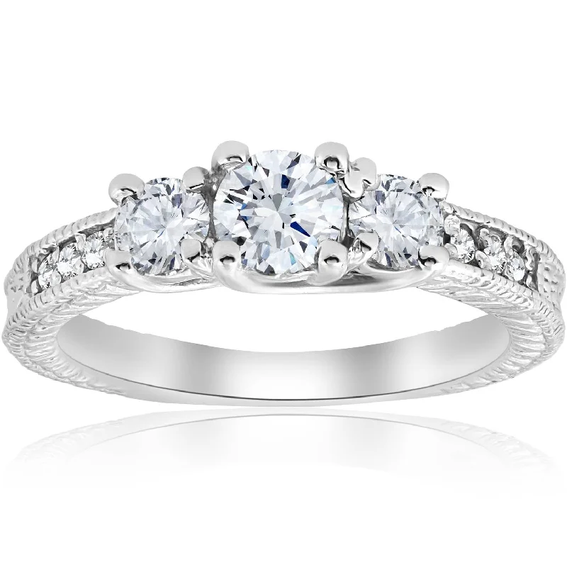 Women’s three-stone engagement rings-1ct Vintage Diamond Three Stone Engagement Ring 14K White Gold