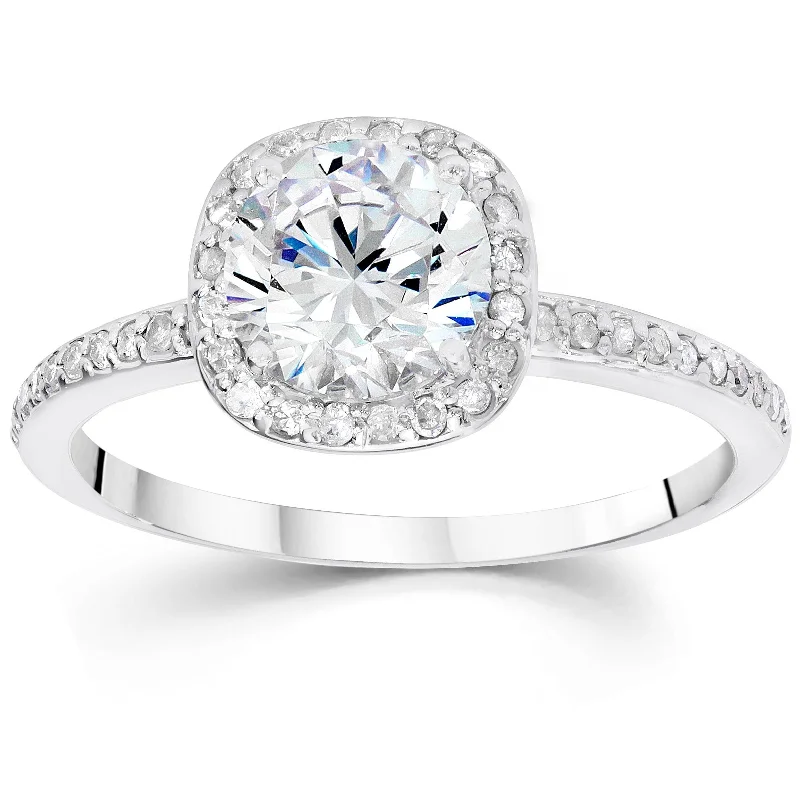 Women’s cathedral engagement rings-1 1/5ct Enhanced Diamond Cushion Halo Engagement Ring 14K White Gold