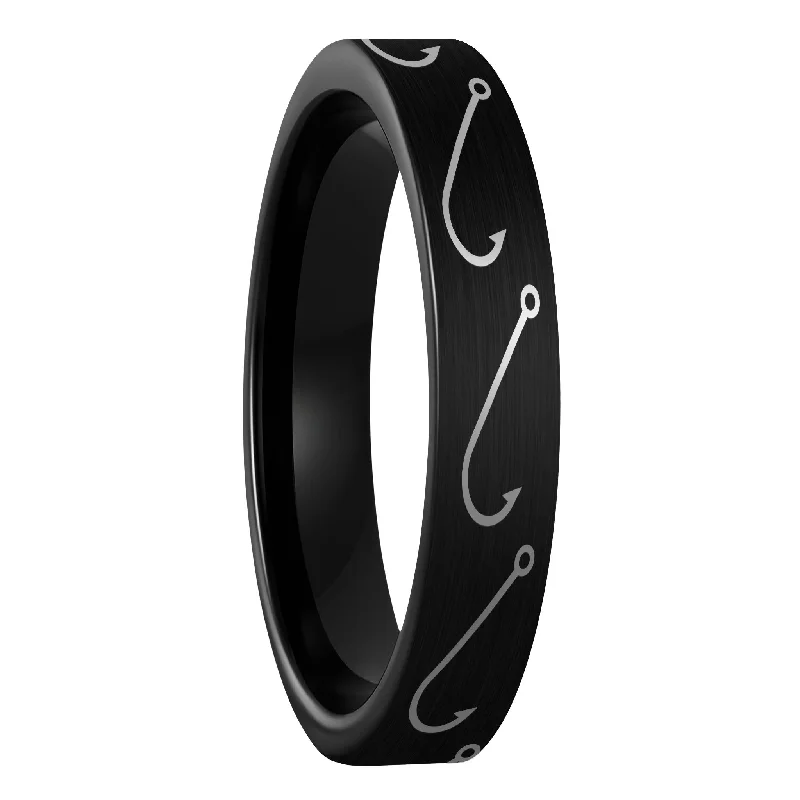 Women’s fashion rings-Simple Fishing Hook Brushed Black Tungsten Women's Wedding Band