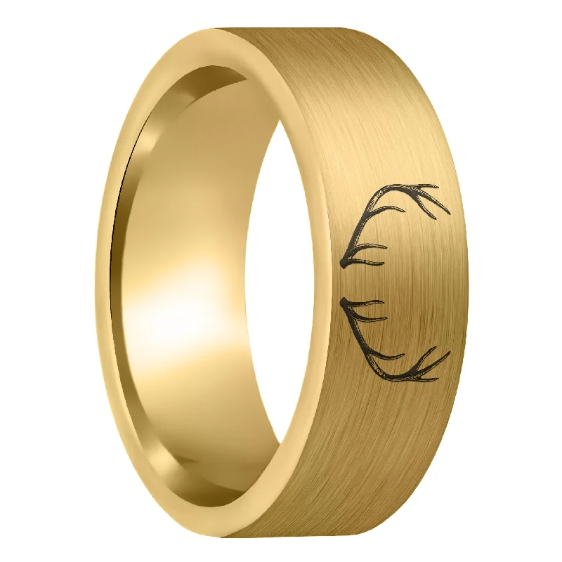 Women’s 14k gold rings-Antler Engraved Brushed Gold Tungsten Men's Wedding Band