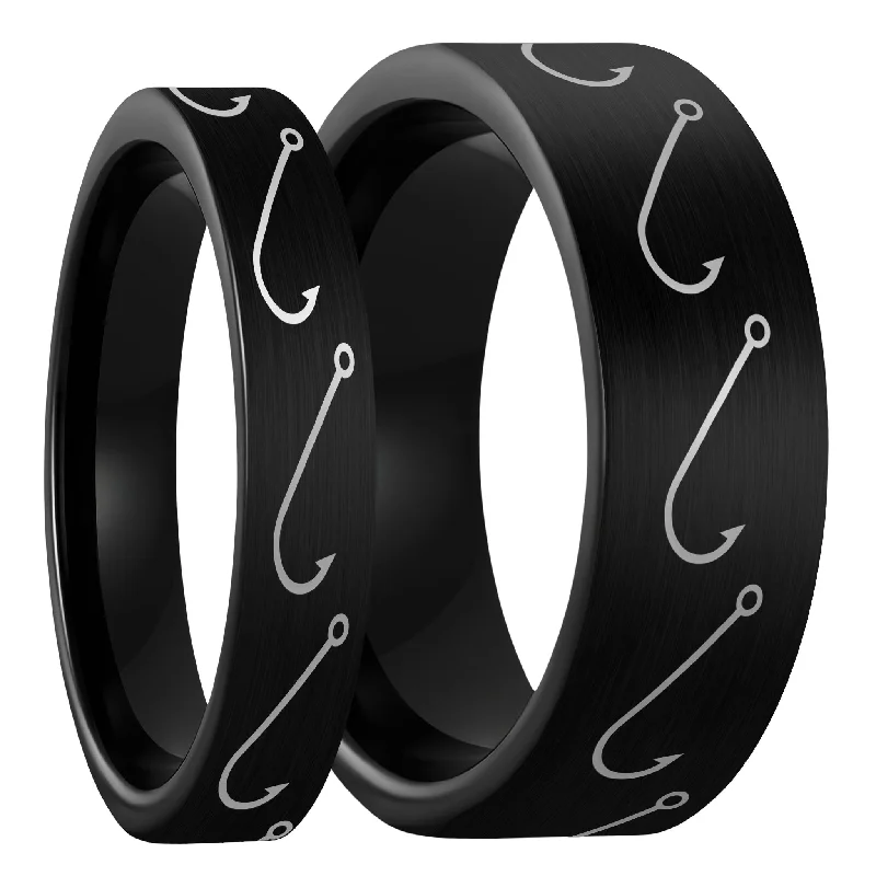 Simple rings for women-Simple Fishing Hook Brushed Black Tungsten Couple's Matching Wedding Band Set