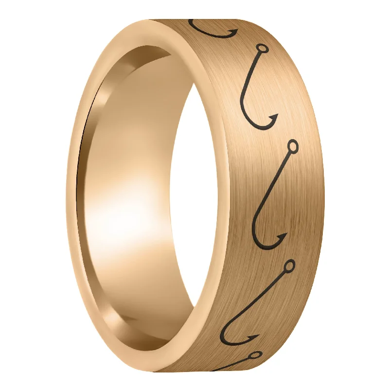 Women’s diamond halo rings-Simple Fishing Hook Brushed Rose Gold Tungsten Men's Wedding Band