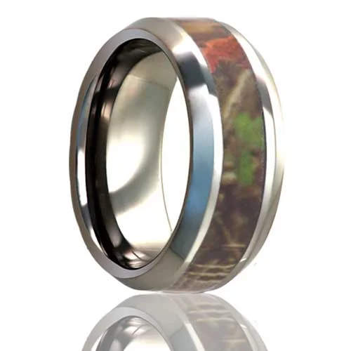 Classic women’s rings-Tree Camo Inlay Titanium Men's Wedding Band with Beveled Edges