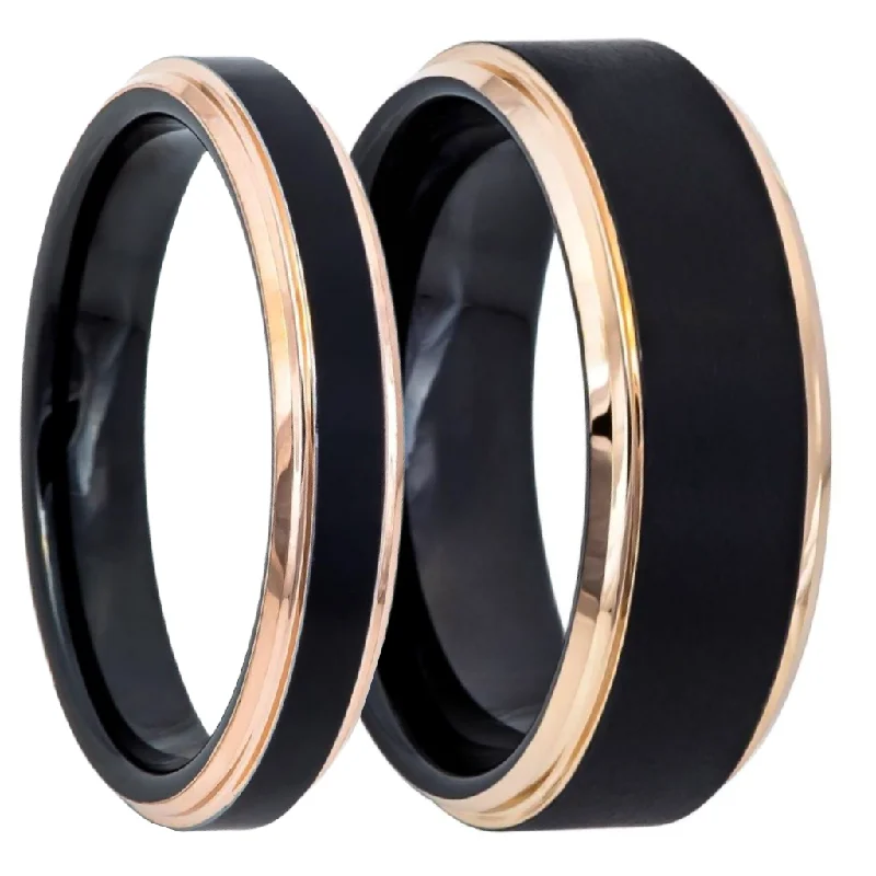 Women’s trendy stackable rings-Brushed Black Tungsten Couple's Matching Wedding Band Set with Stepped Rose Gold Edges