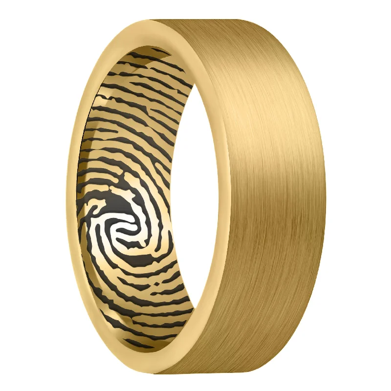 Women’s handcrafted rings-Custom Inside Fingerprint Brushed Gold Tungsten Men's Ring