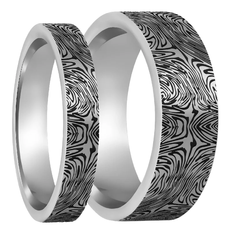 Women’s wedding ring sets-Damascus Steel Pattern Engraved Tungsten Couple's Matching Wedding Band Set